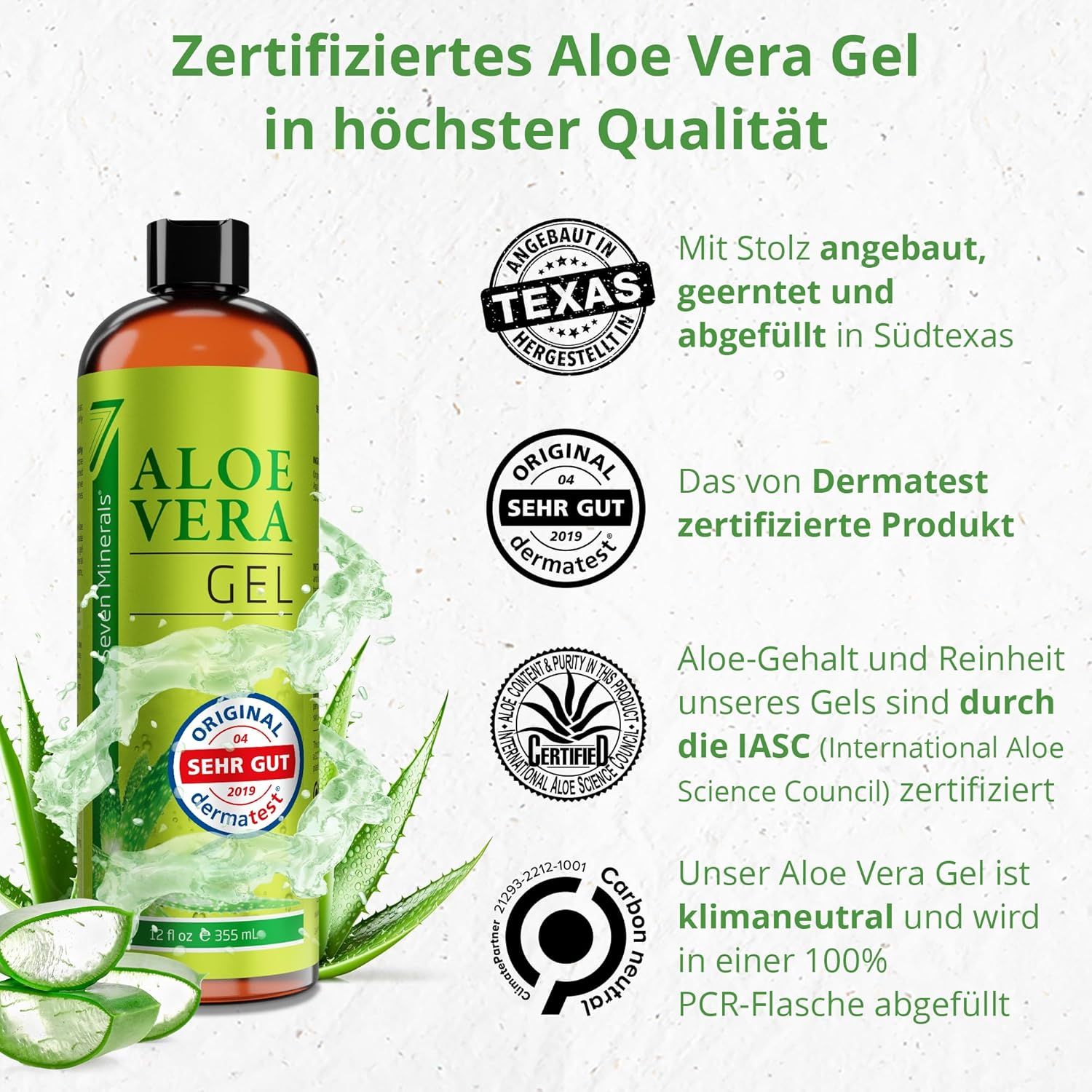 Aloe Vera Gel Flasche mit Zertifizierungen. Text: Zertifiziertes Aloe Vera Gel in höchster Qualität. IASC zertifiziert.