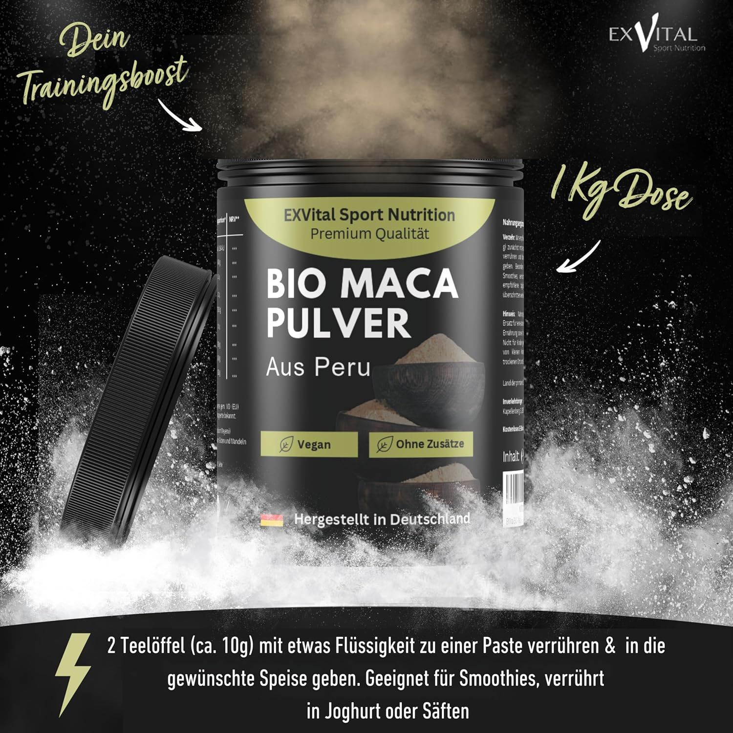 Schwarze Dose BIO Maca Pulver mit geöffnetem Deckel. Aufschrift: BIO MACA PULVER Aus Peru. Vegan und ohne Zusätze. 1 kg Dose.