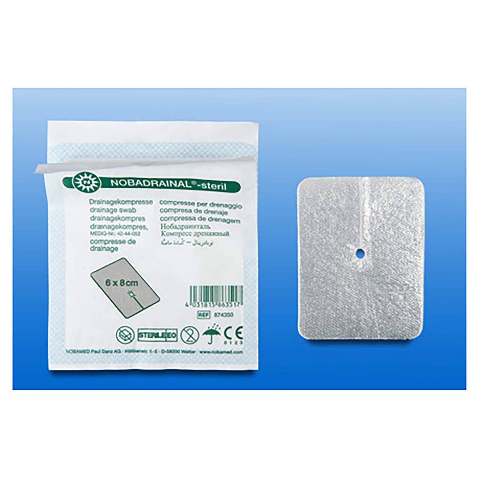 NOBADRAINAL-steril Drainagekompresse. Einzelverpackung mit Kompresse und separater Kompresse. Größe 6x8cm. CE-Kennzeichnung.