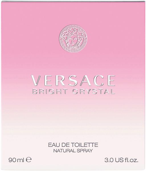 Rosa Verpackung mit Logo und Schriftzug Versace Bright Crystal. Eau de Toilette Natural Spray.