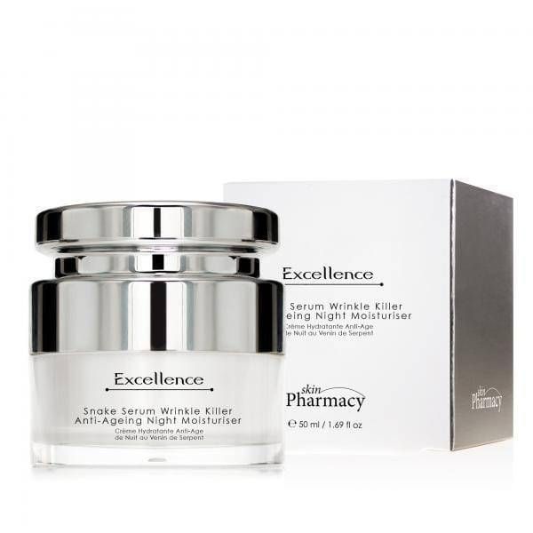 Creme-Tiegel mit Verpackung. Aufschrift: Excellence, Serum Wrinkle Killer, Anti-Ageing Night Moisturiser. Marke: skinPharmacy.