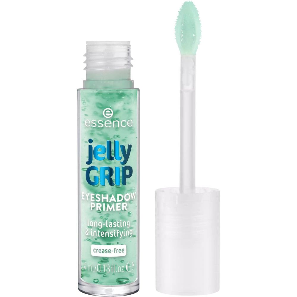 Essence Jelly Grip Lidschatten-Base mit Applikator. Transparente Tube mit grünem Inhalt. Aufschrift: Jelly Grip, Eyeshadow Primer, 0.13 fl oz.