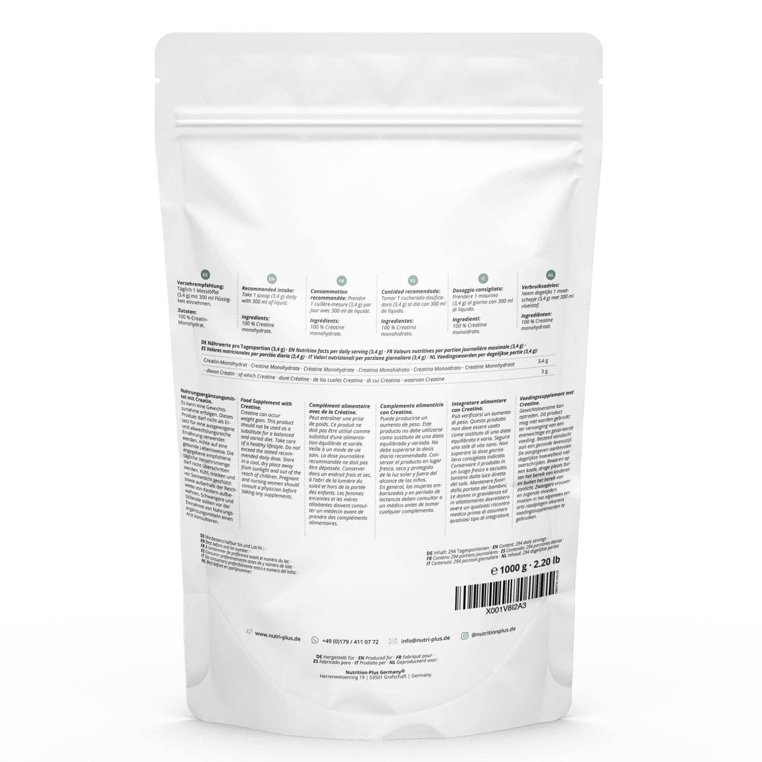 Rückseite des Beutels mit Text und Nährwertangaben. Enthält Informationen zu Inhaltsstoffen und Anwendung.