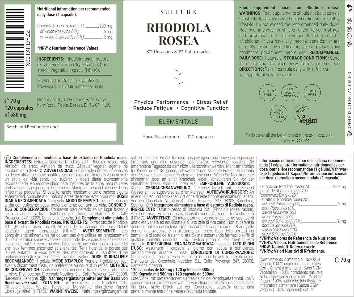 Produktetikett mit Informationen. Text: Rhodiola Rosea, Inhaltsstoffe, Nährwertangaben, 120 Kapseln. Text in mehreren Sprachen.