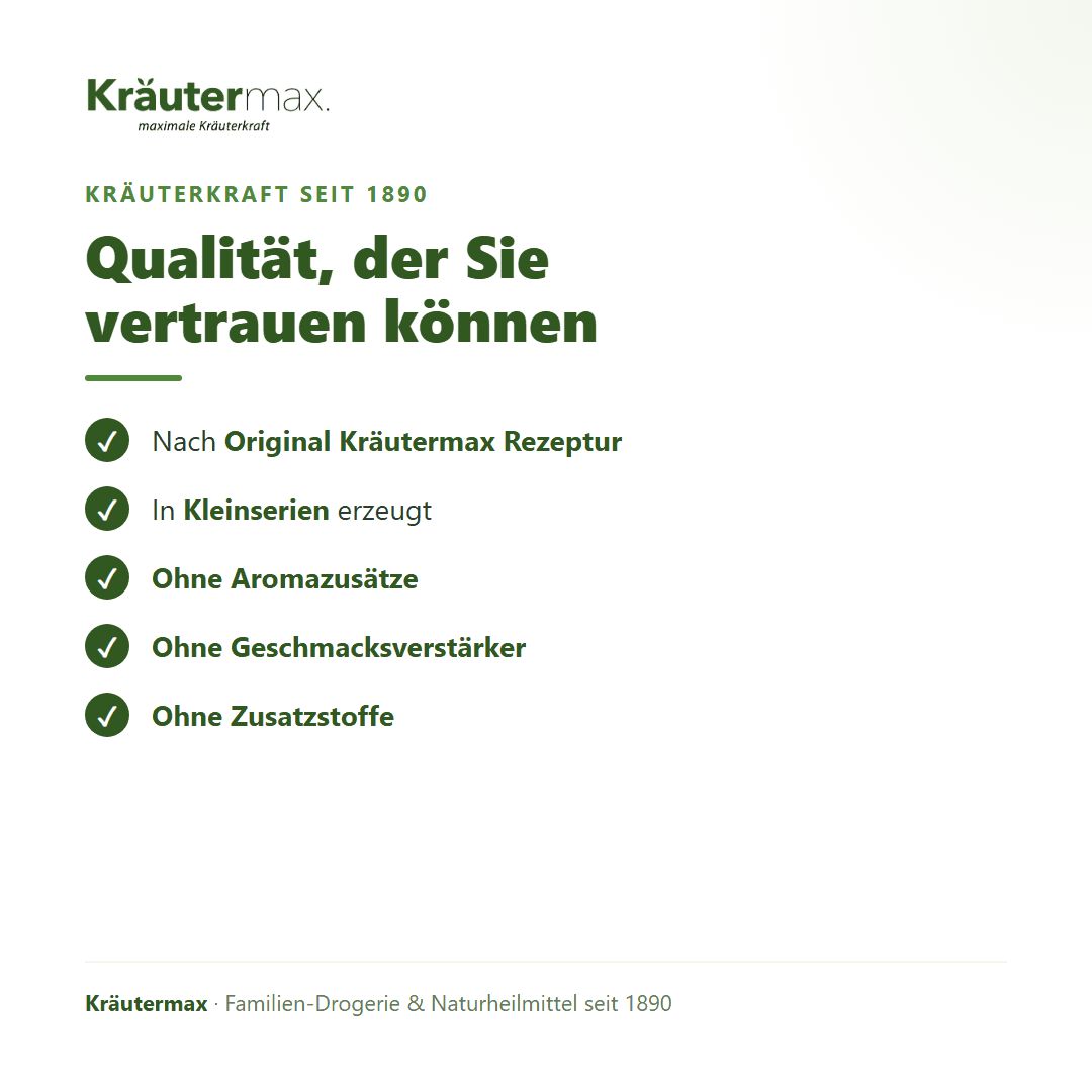Kräutermax: Qualitätsmerkmale wie 'Nach Original Kräutermax Rezeptur', 'In Kleinserien erzeugt'.