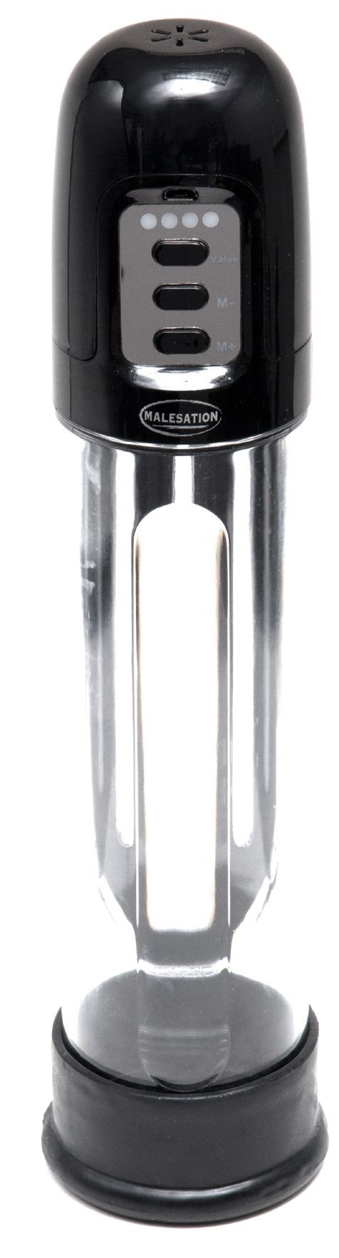 Nahaufnahme einer MALESATION Penis Pumpe. Schwarzer Griff mit digitaler Anzeige und Bedienelementen über einem transparenten Zylinder.