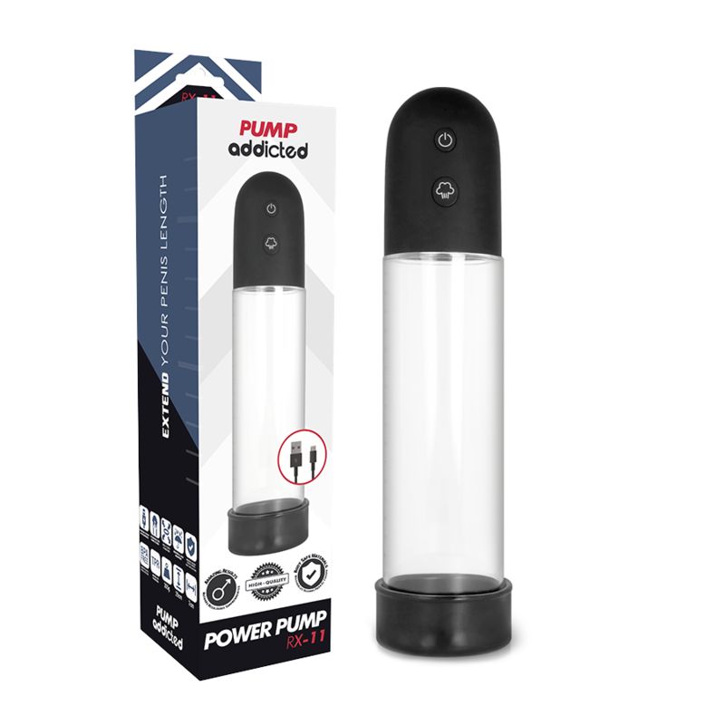 Erektionspumpe mit schwarzem Kopf und Basis, transparente Röhre. Verpackung mit Produktname und Logo. USB-Kabel.