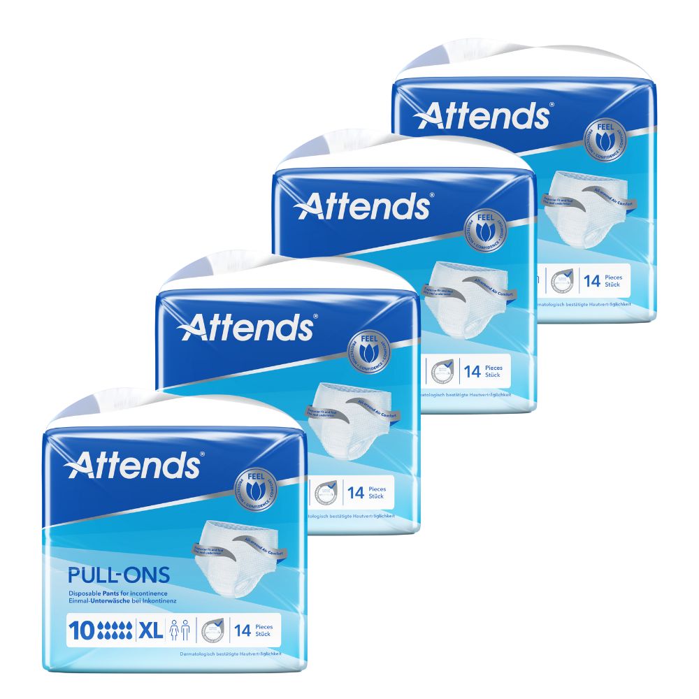Attends® Pull-Ons 10 XL, 4 Packungen. Blaue Verpackung mit Produktabbildung. 14 Stück pro Packung.