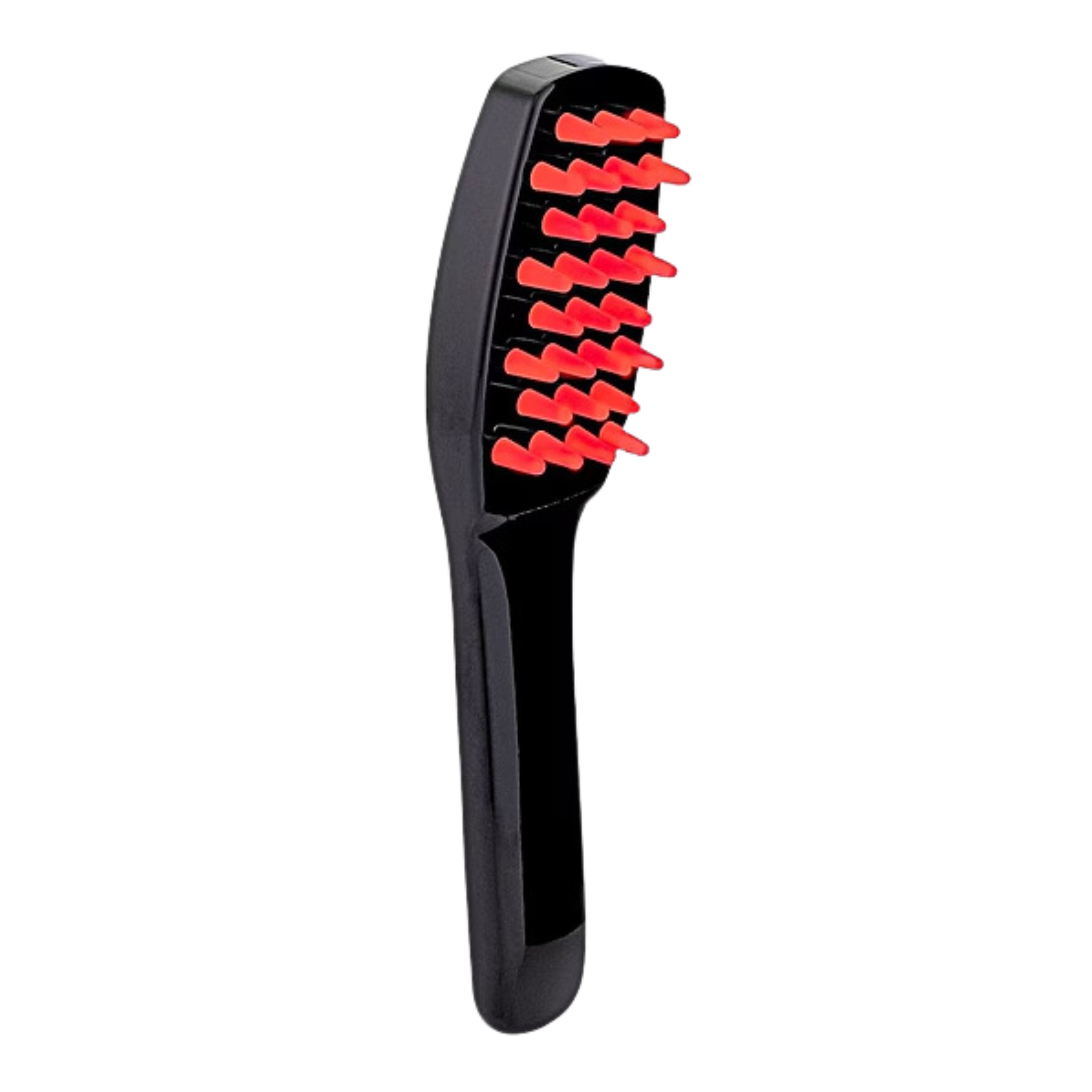 Schwarze Haarbürste mit roten Noppen. Perspektivische Ansicht.