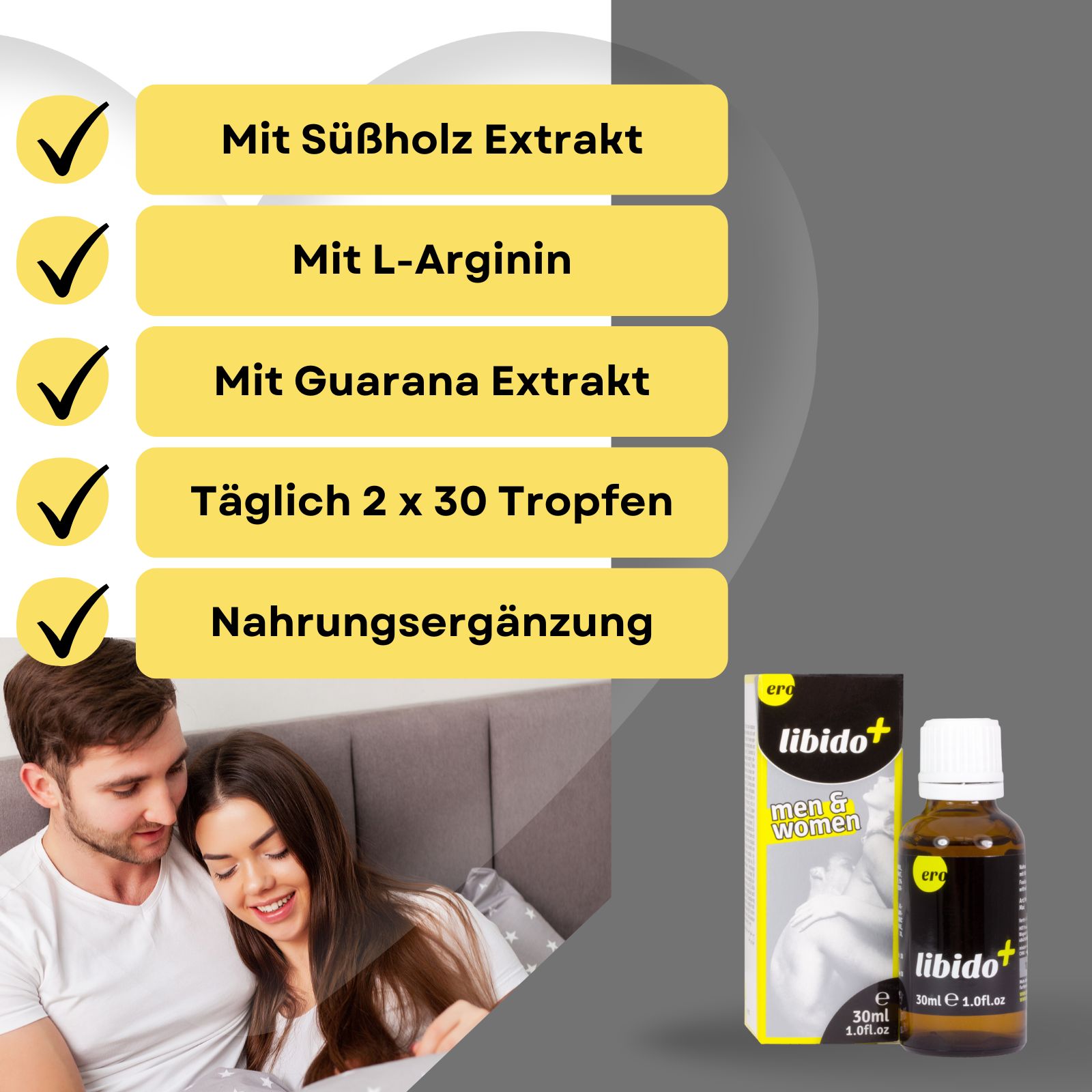 Paar im Bett, neben Libido+ Drops und Schachtel. Produktinformationen und Checklisten.