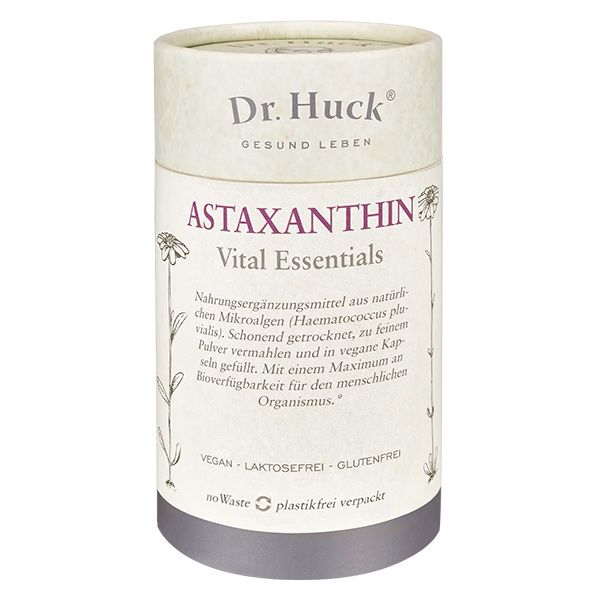 Zylindrische Verpackung mit Etikett. Aufschrift: Dr. Huck Astaxanthin Vital Essentials. Vegan, laktosefrei, glutenfrei. noWaste plastikfrei verpackt.