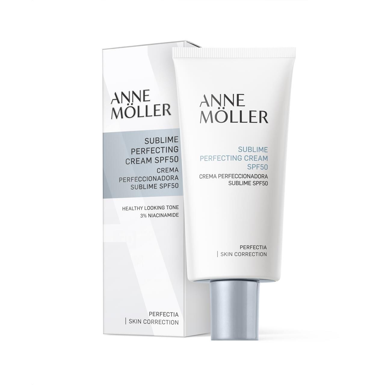 Produktverpackung mit Tube und Schachtel. Aufschrift: Anne Möller, Sublime Perfecting Cream SPF50. Enthält 2% Niacinamid.