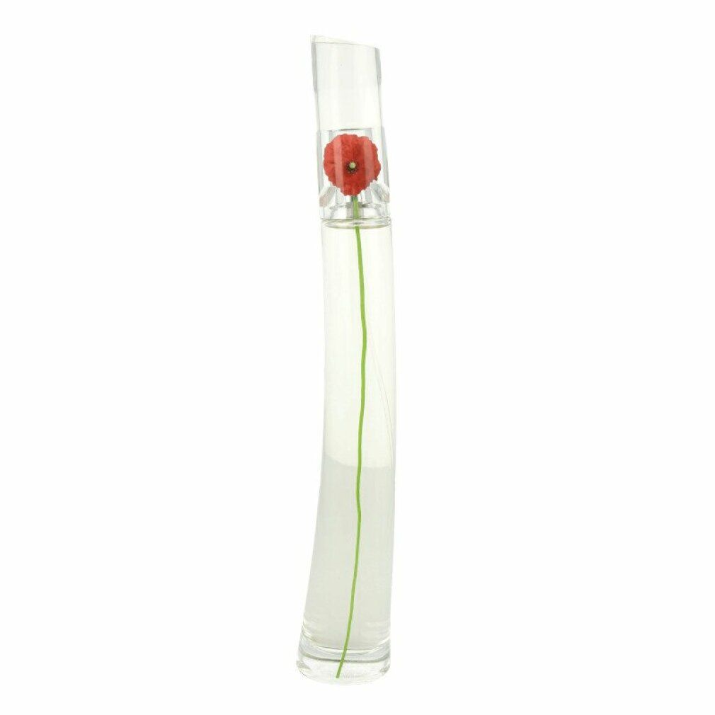 Parfümflakon mit roter Blume. Transparenter, geschwungener Glasbehälter mit grüner Linie. Roter Blütenkopf.