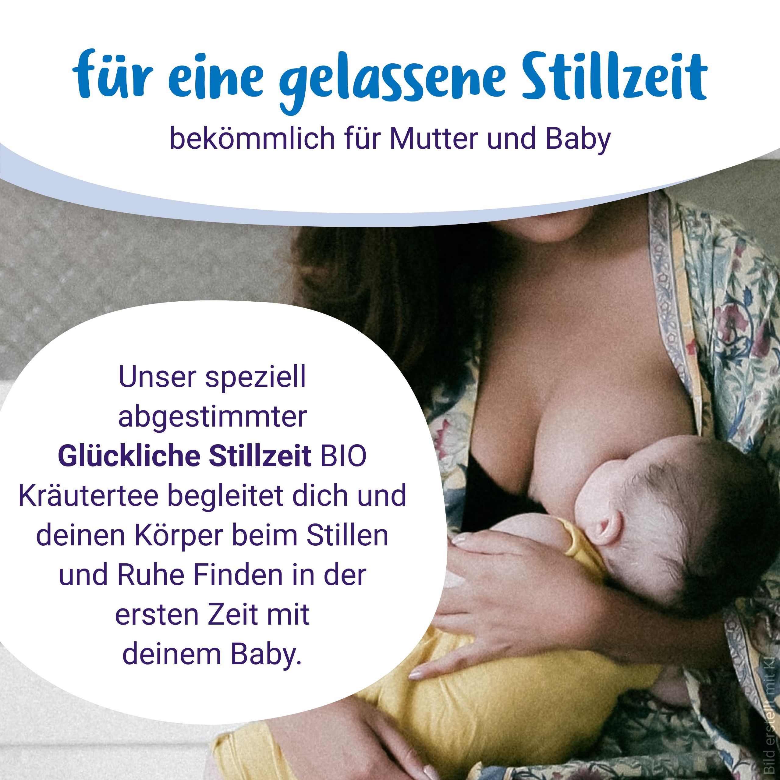 Frau stillt Baby, Text über entspannte Stillzeit und Wohlbefinden für Mutter und Kind.