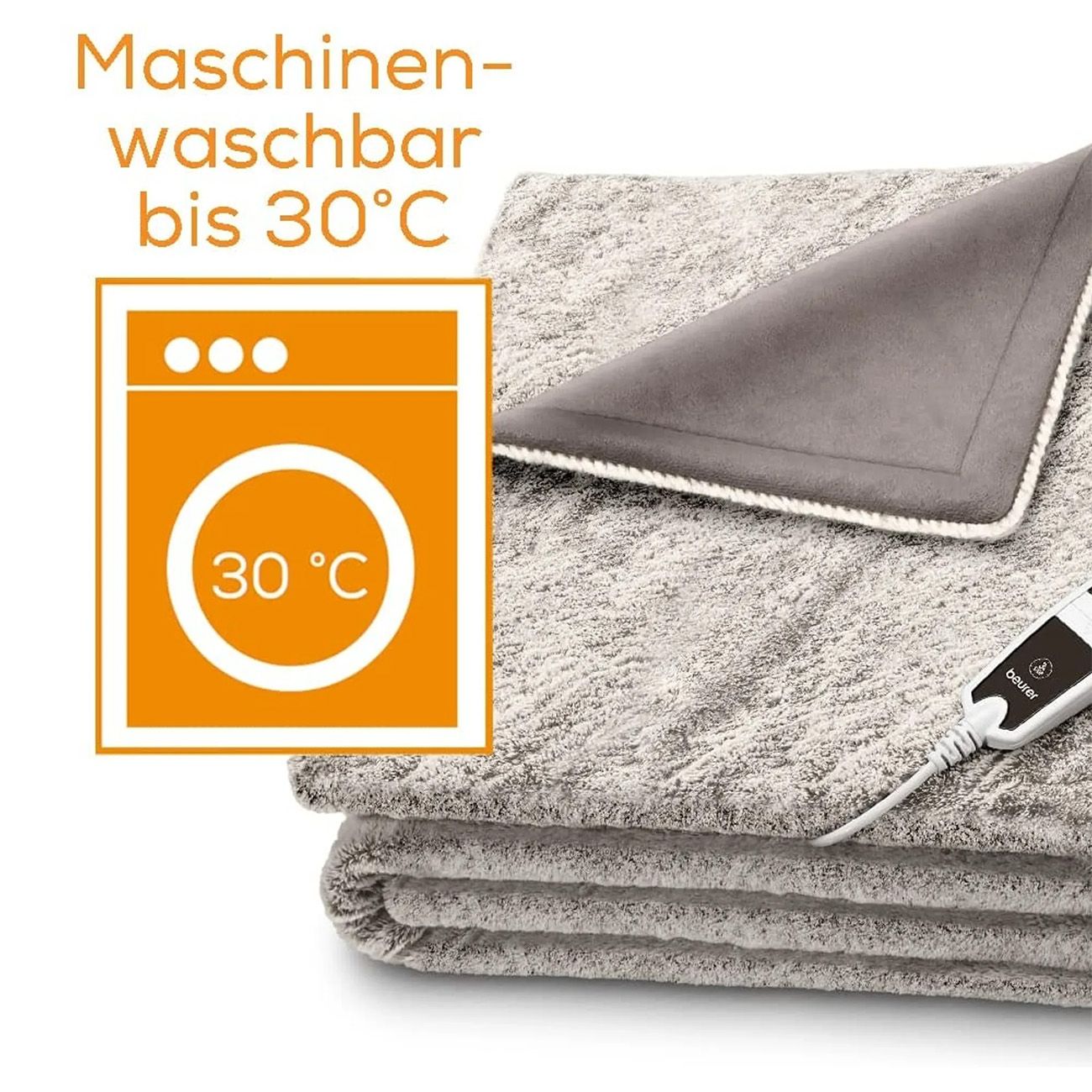 Decke, Taupe. Mit Bedienelement. Waschbar bis 30°C. Waschmaschinen-Symbol mit Temperaturangabe.