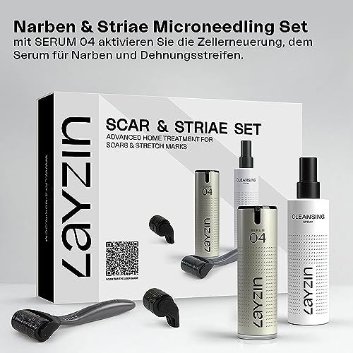 Das LAYZIN Narben + Striae Microneedling Set. Enthält Roller, Serum und Cleansing Spray. Schwarzer Hintergrund.
