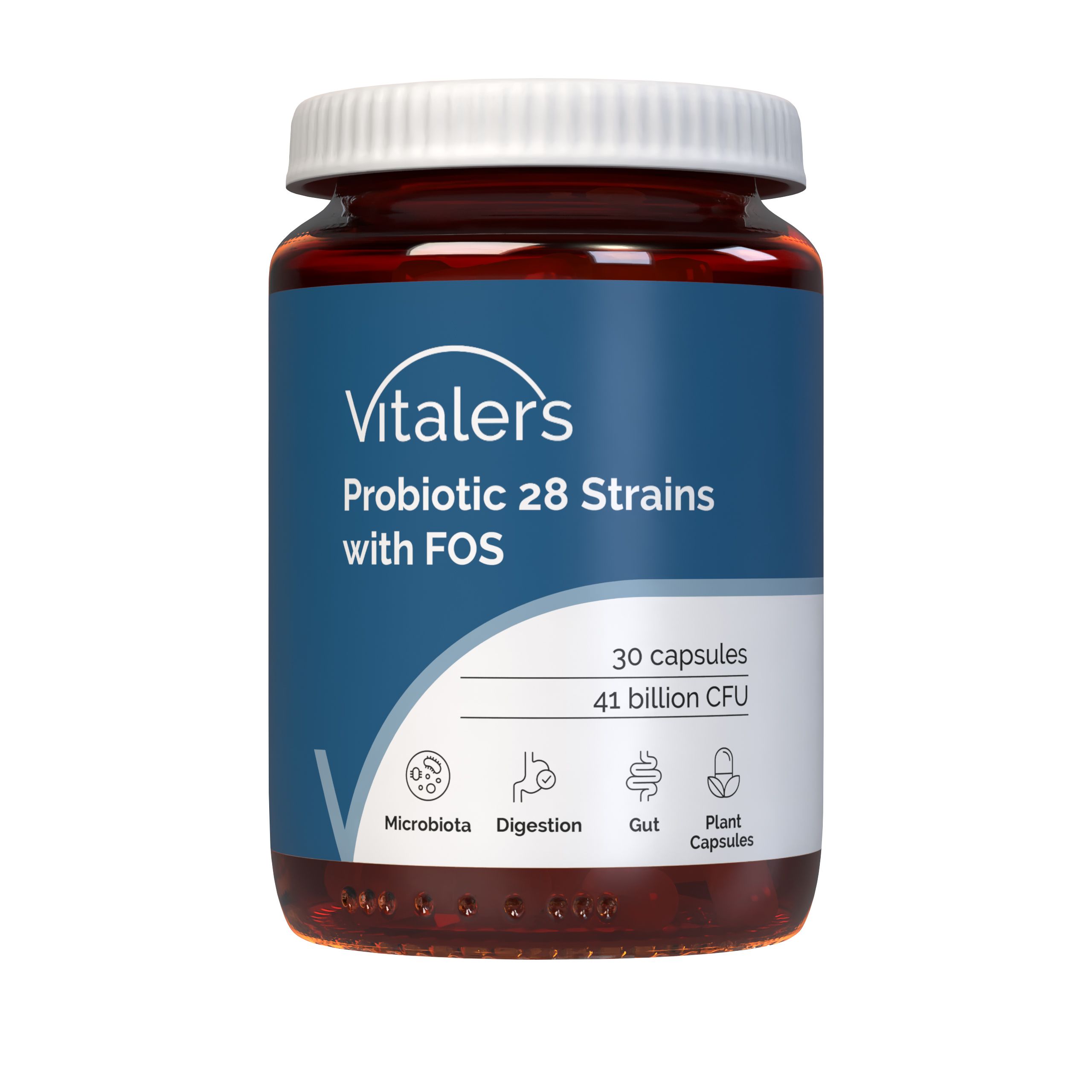 Vitaler’s Probiotikum 28 Stämme mit FOS: Flasche mit blauem Etikett. Enthält 30 Kapseln, 41 Milliarden KBE.