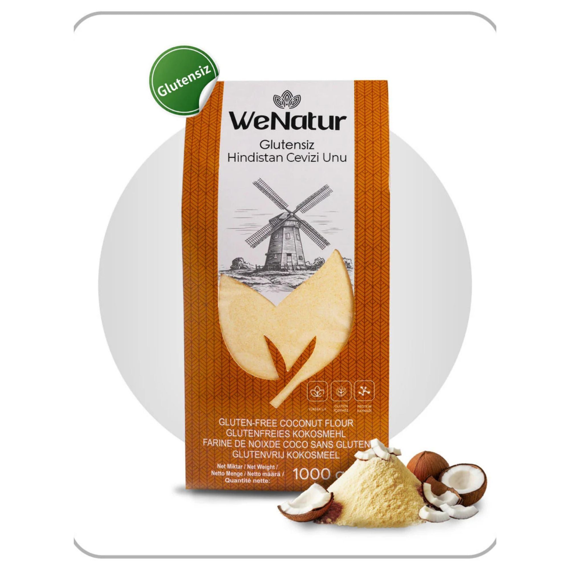 Packung glutenfreies Kokosmehl mit einem grünen Siegel "Glutenfrei" und Kokosstücken.