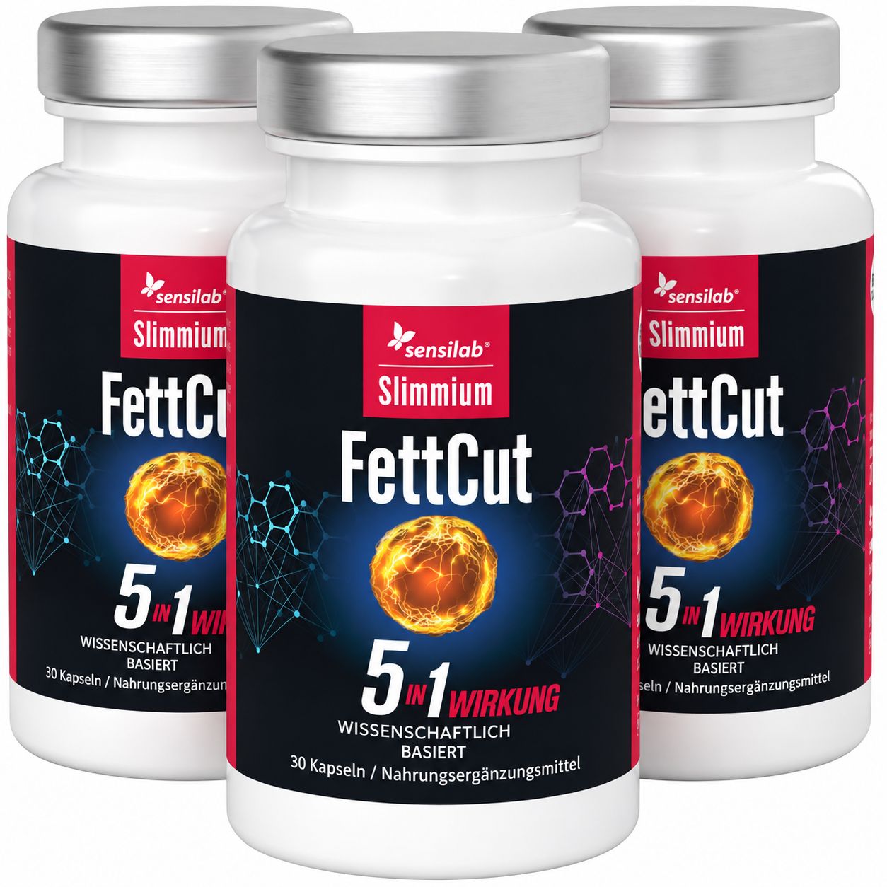 Drei Flaschen Sensilab Slimmium FettCut, Nahrungsergänzungsmittel mit 5-in-1-Wirkung.