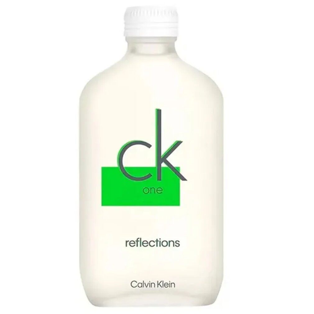 CK One Reflections E.d.T. Nat. Spray Flakon. Weißes Flakon mit grünem Logo und Schriftzug. Calvin Klein.