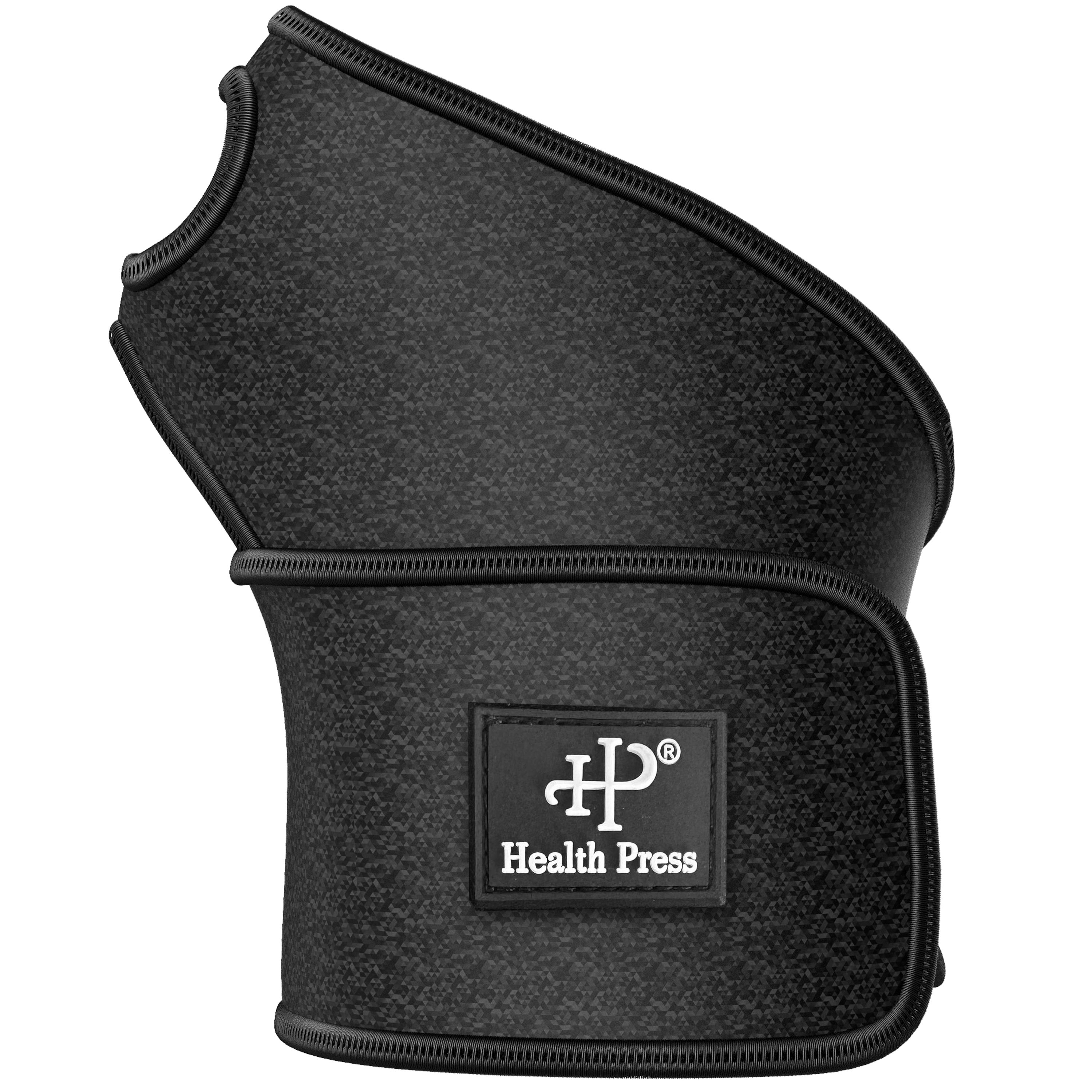 Schwarze Handgelenkbandage. Rechteckiges Label mit Health Press Logo. Klettverschluss.