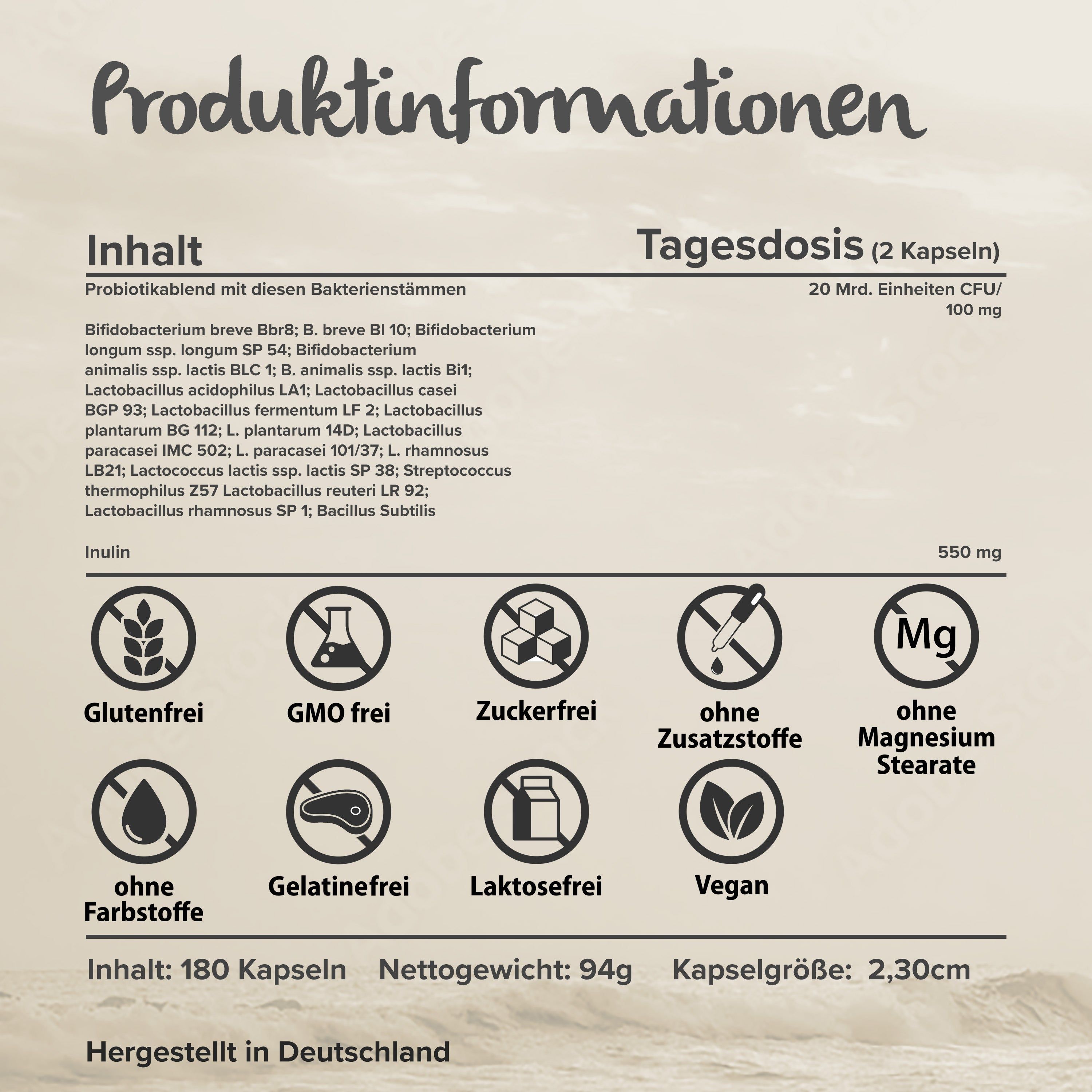 Produktinformationen: Inhaltsstoffe, Tagesdosis, Zertifikate wie Glutenfrei, GMO frei, Zuckerfrei, Vegan.