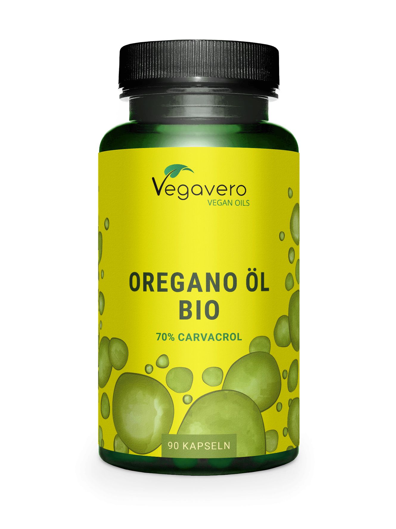 Grüne Flasche mit schwarzem Deckel. Aufschrift: Oregano Öl BIO, 70% Carvacrol, 90 Kapseln. Vegavaro Logo.