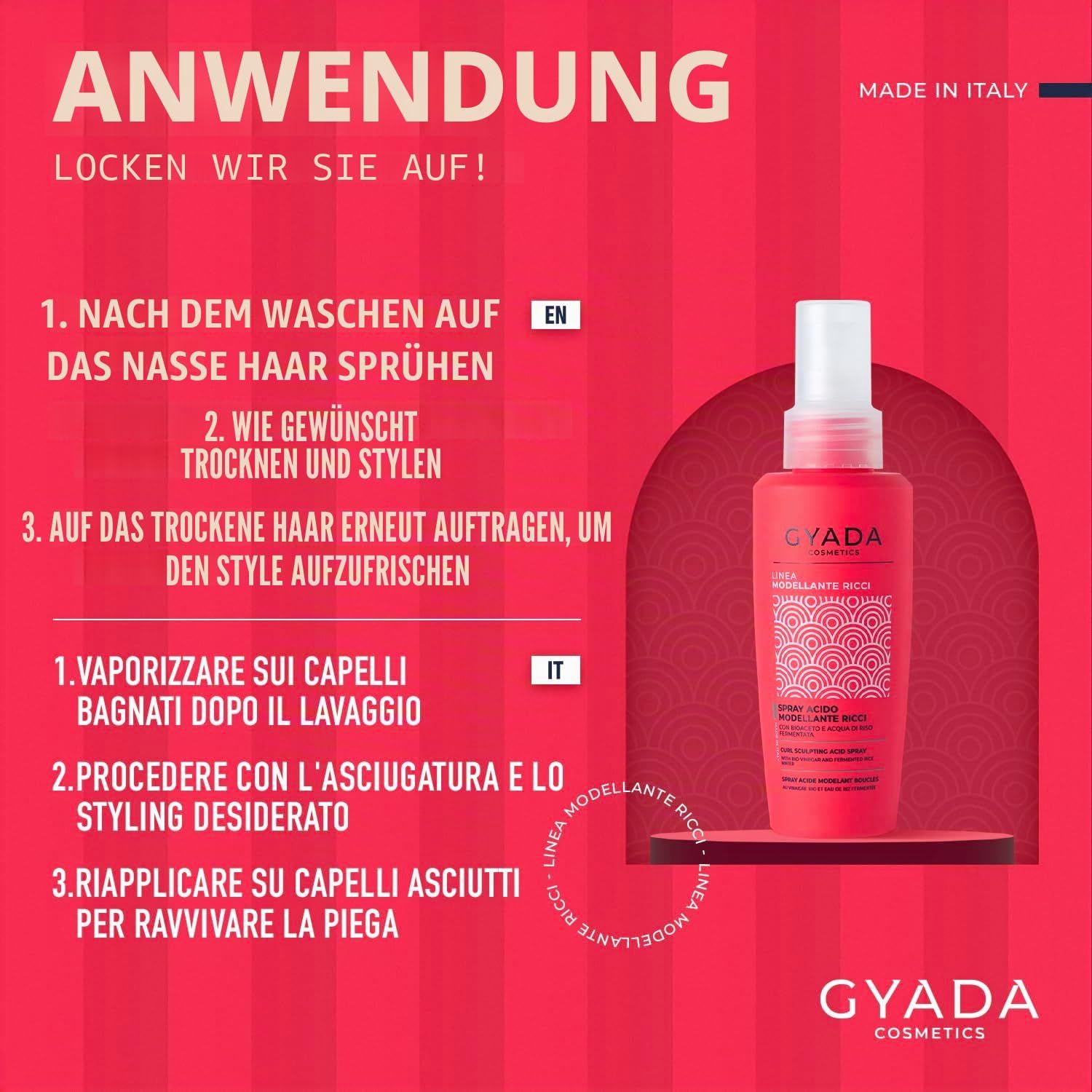 Anwendungshinweise für Lockenpflegeprodukte von Gyada Cosmetics.
