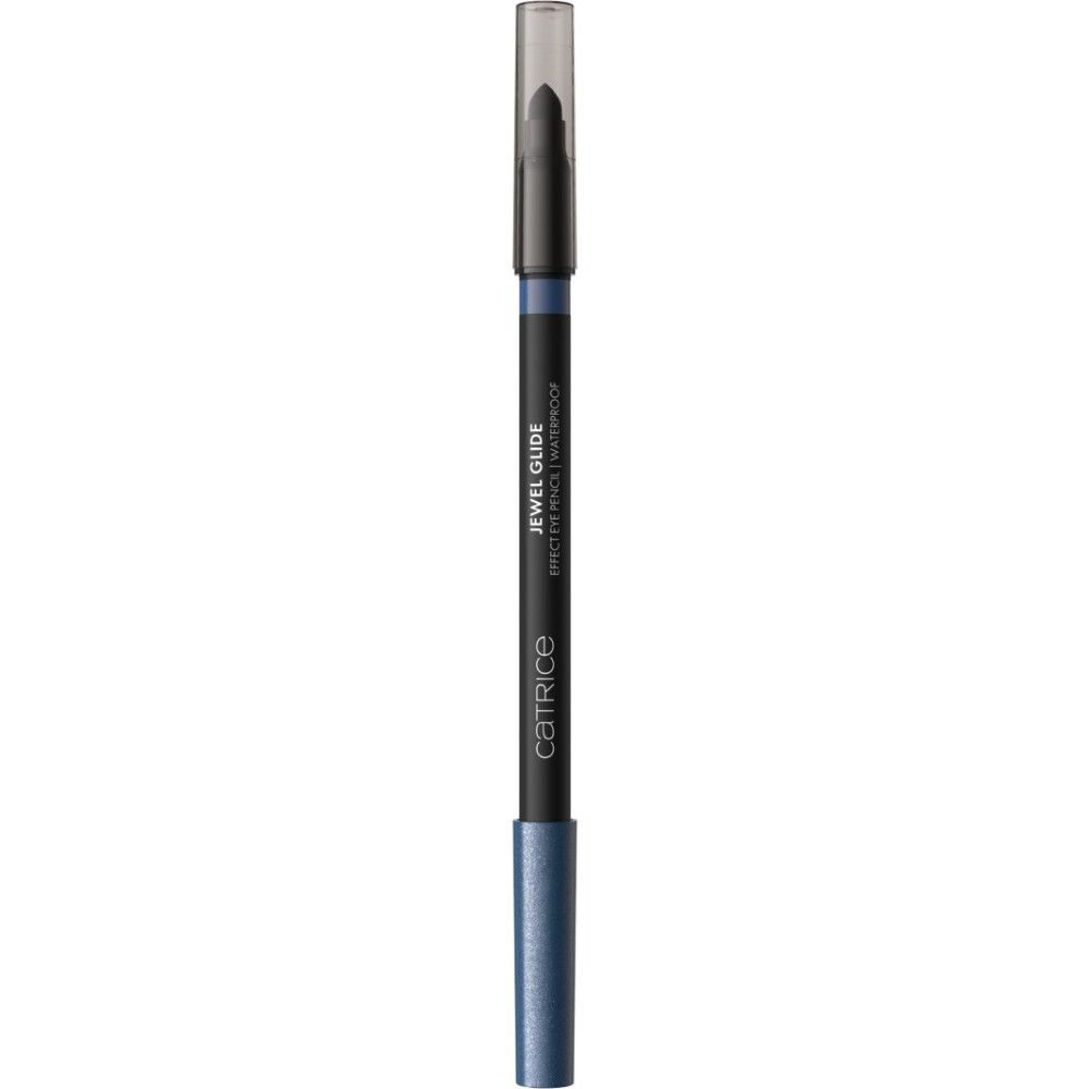 Blauer Kajalstift mit schwarzem Schaft. Aufschrift: Jewel Glide, Waterproof, Catrice.