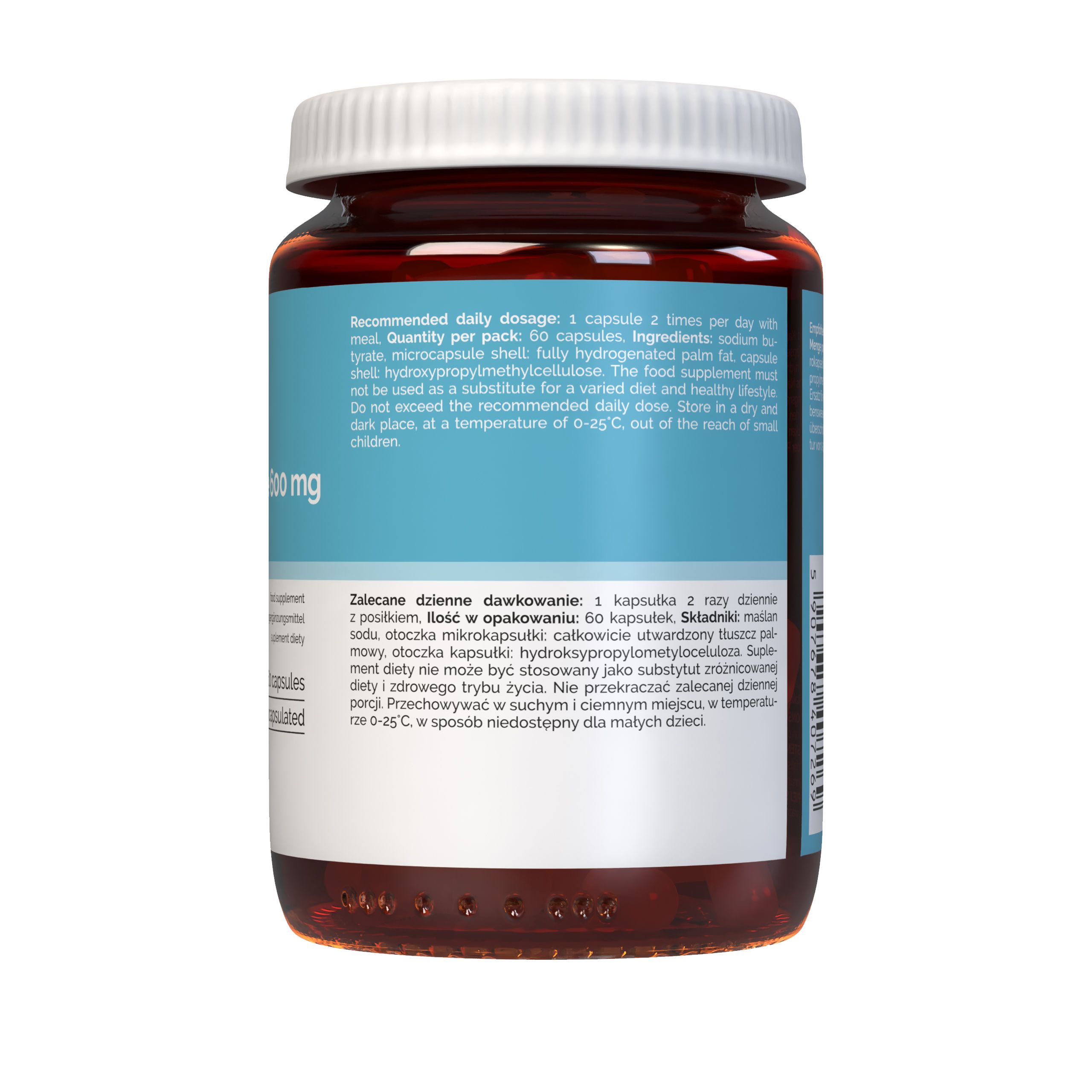 Rückseite des Vitaler’s Natriumbutyrat 600 mg Behälters mit Informationen.