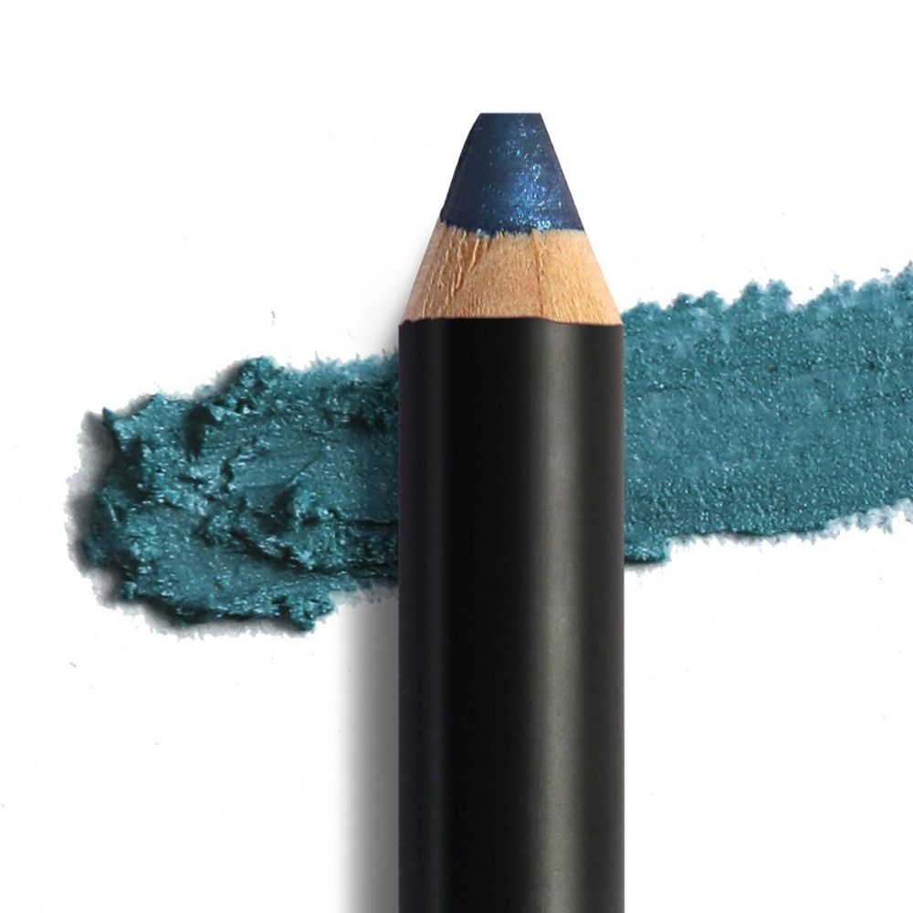 Blauer Kajalstift und Farbabstrich. Schwarzer Schaft, blaue Spitze, Farbabstrich in Blau.