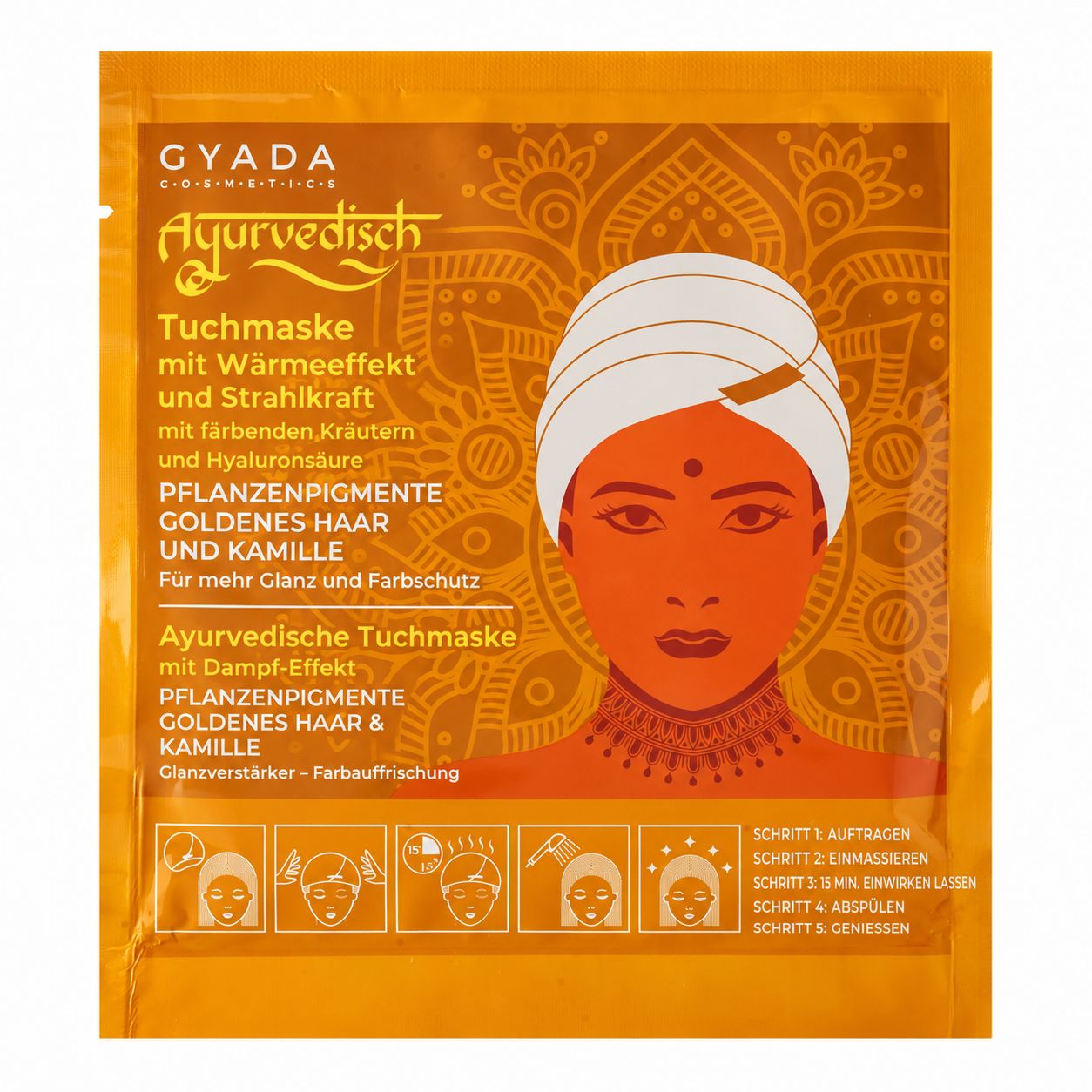 Gyada Ayurvedisch Tuchmaske mit Wärmeeffekt und Straffkraft, mit Kräutern und Hyaluronsäure.