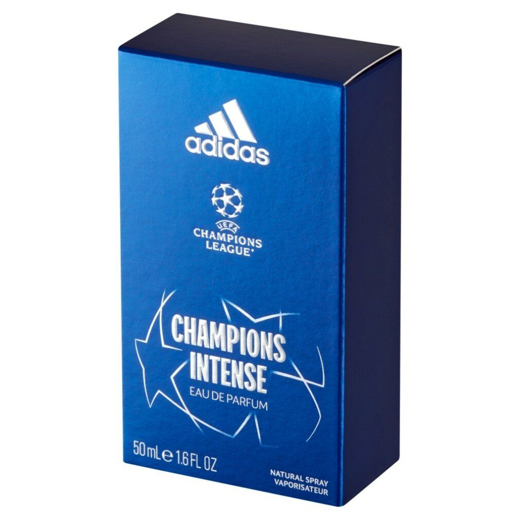 Blaue rechteckige Verpackung mit Adidas-Logo und Champions League-Emblem. Text: Champions Intense Eau de Parfum, 50ml 1.6 fl oz.
