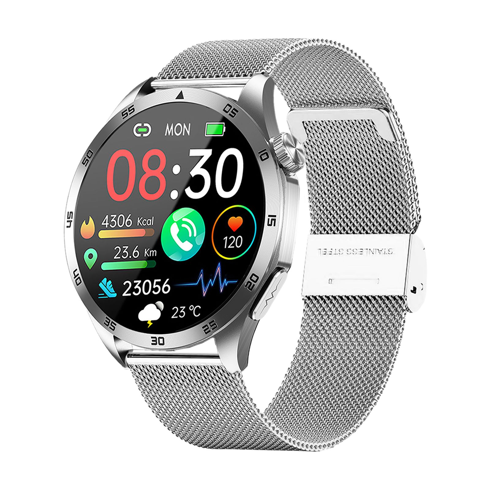 Silberne Smartwatch mit Mesh-Armband. Zeigt Uhrzeit, Datum, Schritte, Kalorien, Distanz und Herzfrequenz an.