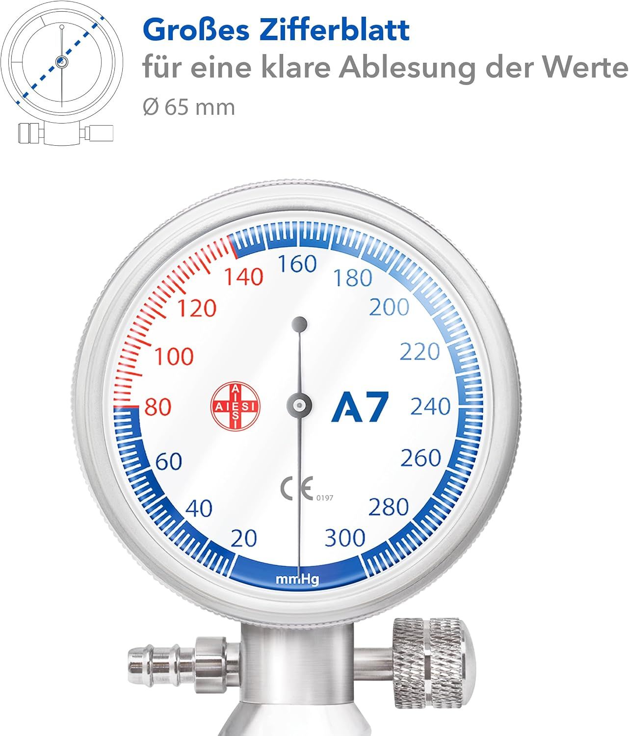 Aneroid-Blutdruckmessgerät A7 mit blauer Manschette und Stethoskop.