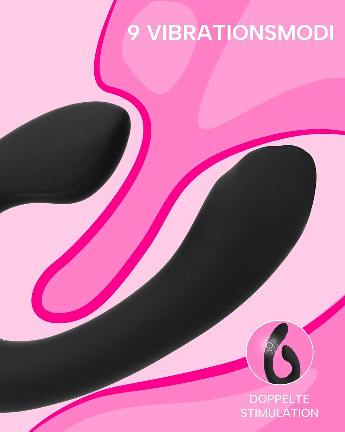 Schwarzer Vibrator mit 9 Vibrationsmodi und doppelter Stimulation.