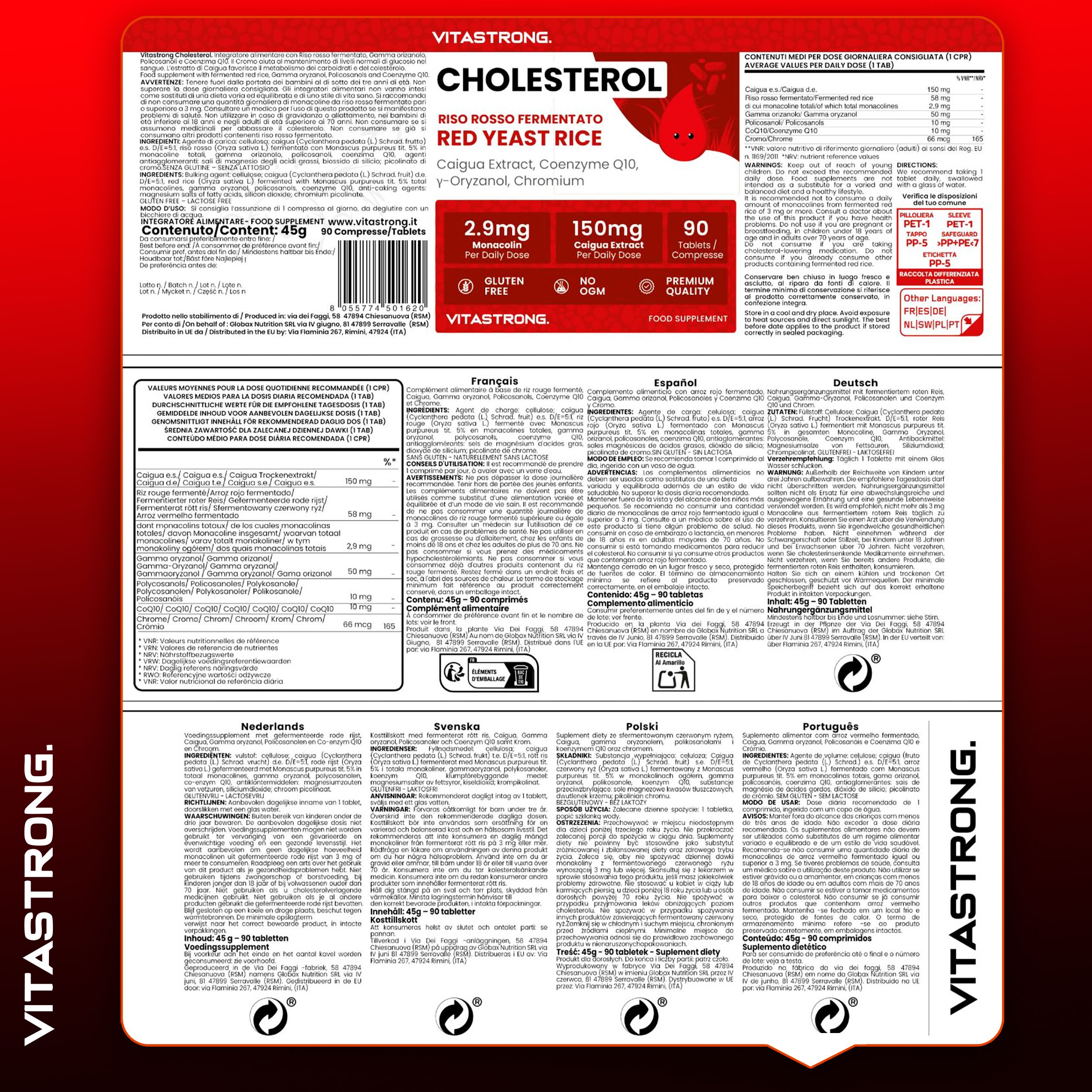 Produktverpackung mit Informationen in verschiedenen Sprachen. Enthält Informationen zu Inhaltsstoffen, Dosierung und Warnhinweisen.