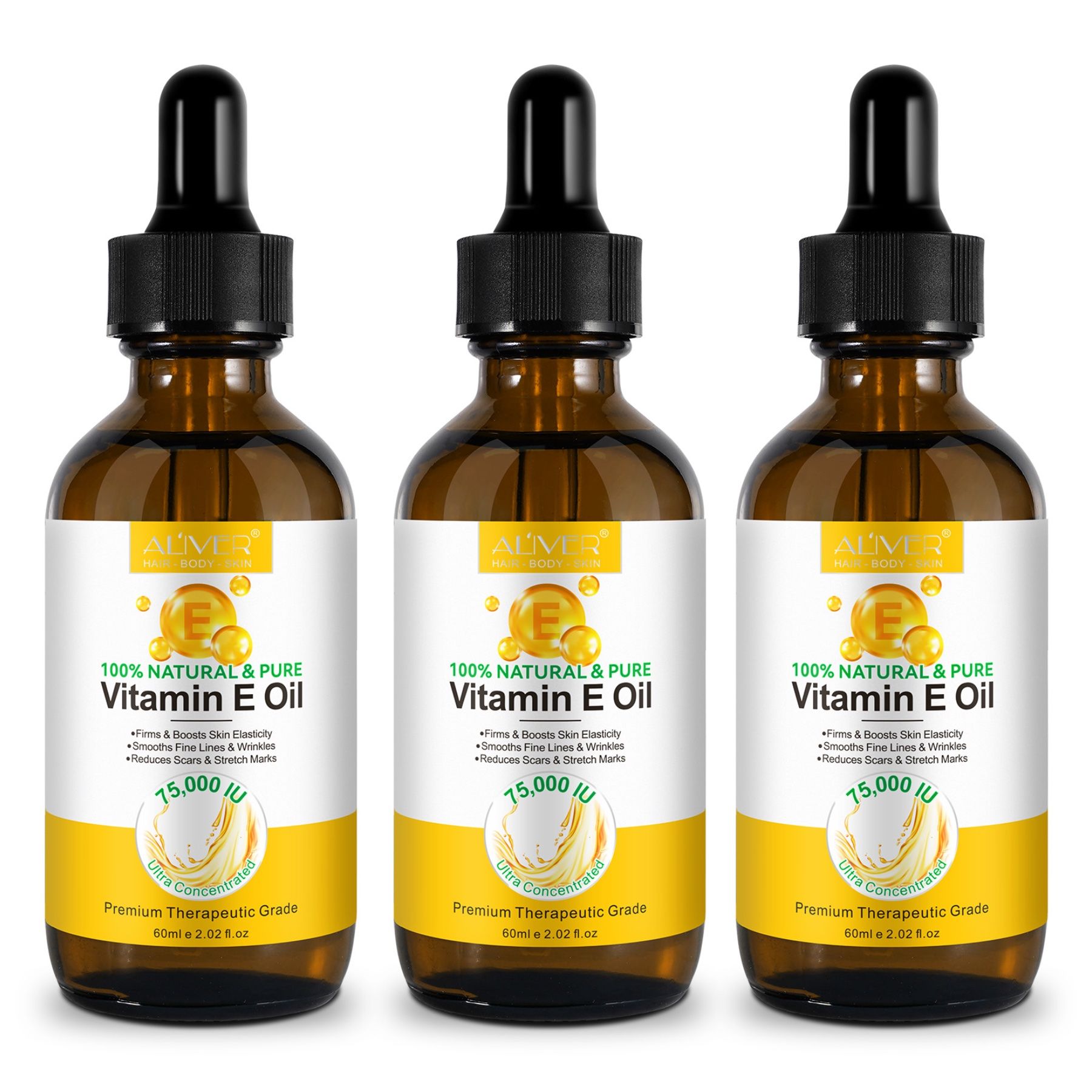 Drei Flaschen ALIVER Vitamin E Öl. Braune Glasflaschen mit schwarzer Pipette. Gelbes Etikett mit Produktinformationen.