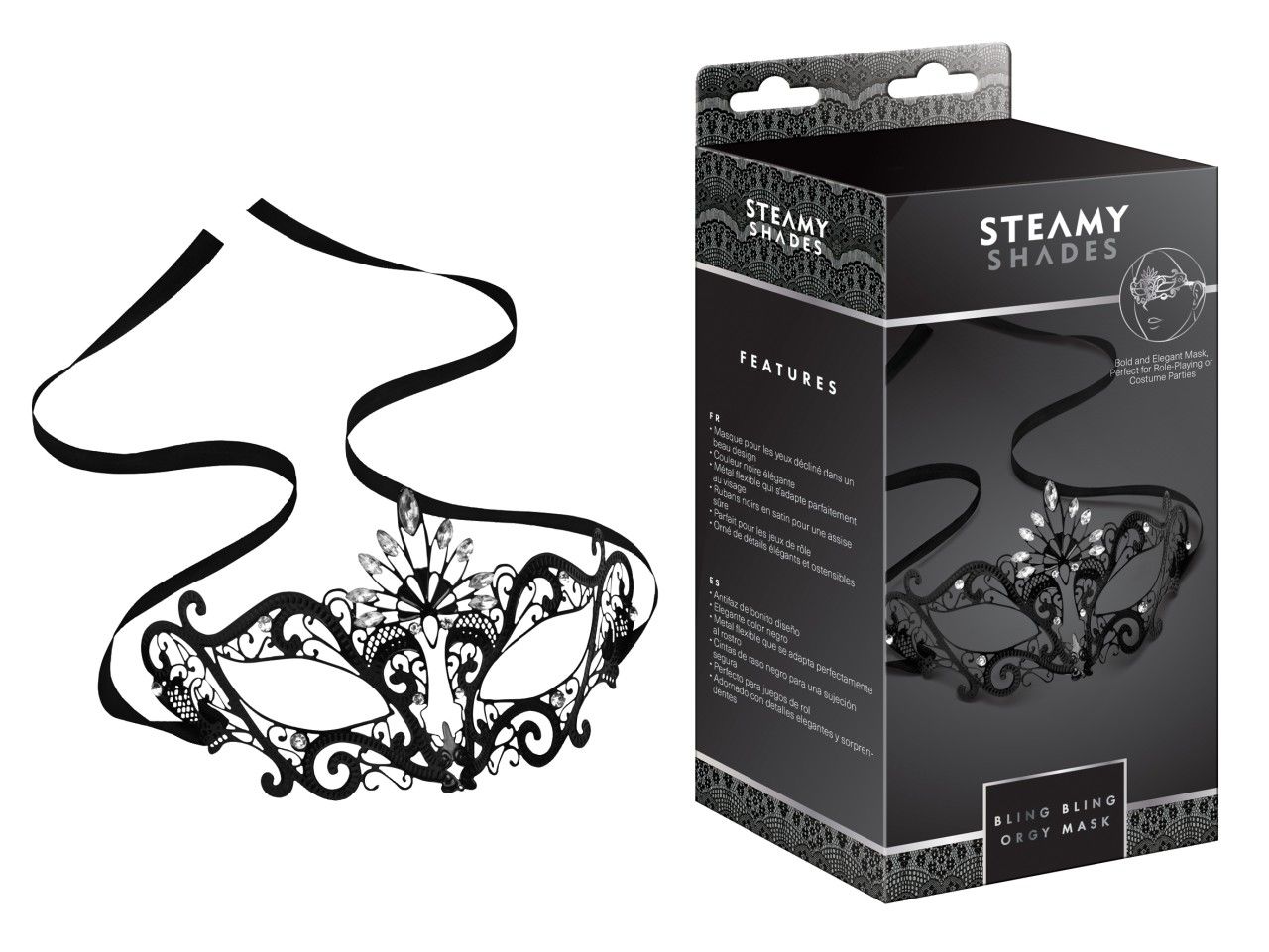 Schwarze Augenmaske mit Strasssteinen und Bändern. Verpackung mit Produktnamen STEAMY SHADES. Aufschrift: BLIND BLIND OILY MASK.