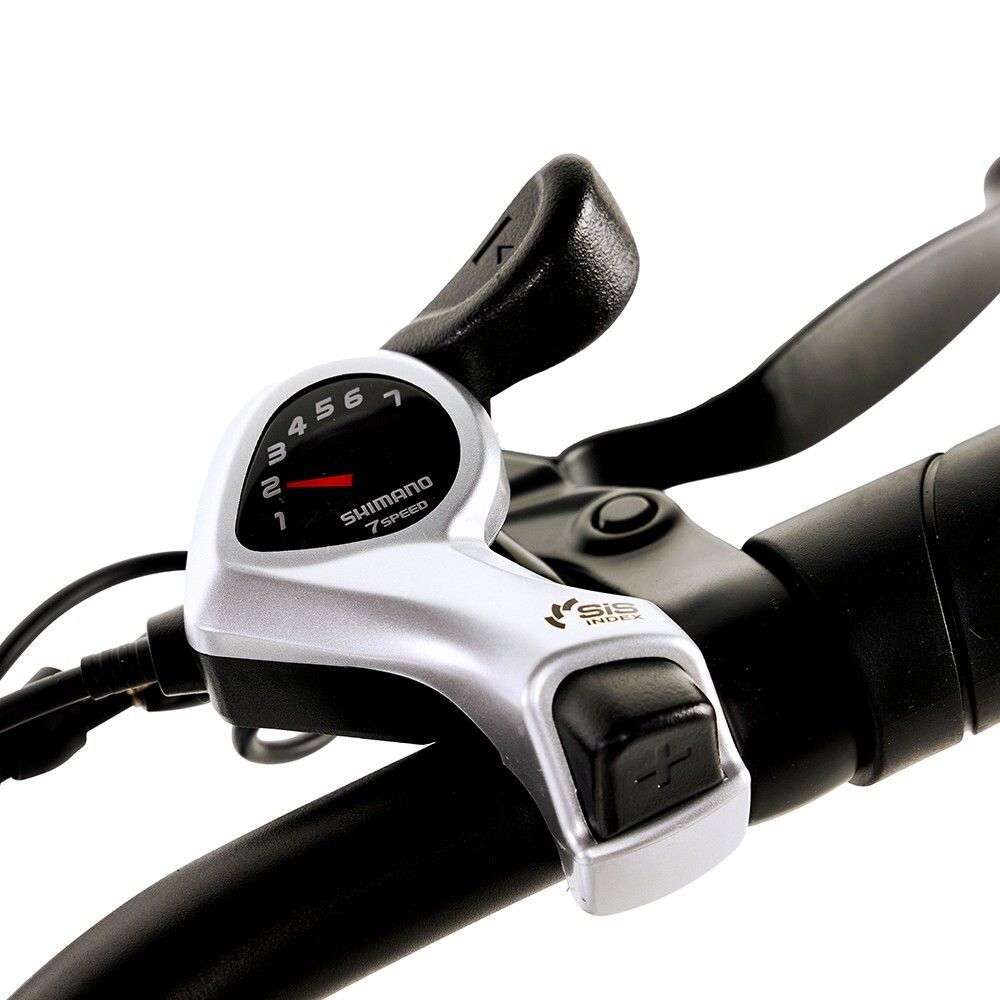 Lenker mit Shimano 7-Gang-Schaltung. Anzeige der Gänge. Schalthebel.