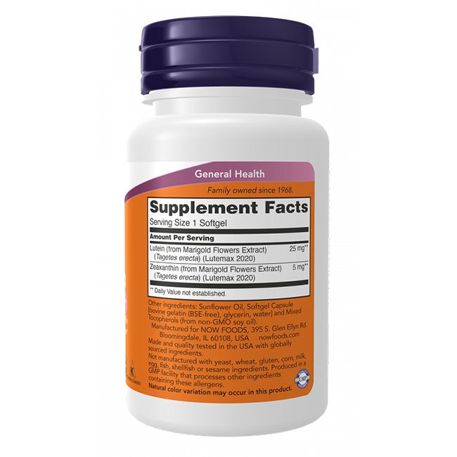 Weiße Flasche mit lila Deckel. Aufkleber mit Produktinformationen: Lutein und Zeaxanthin. Marke: Now Foods. Enthält 25mg Lutein und 5mg Zeaxanthin.