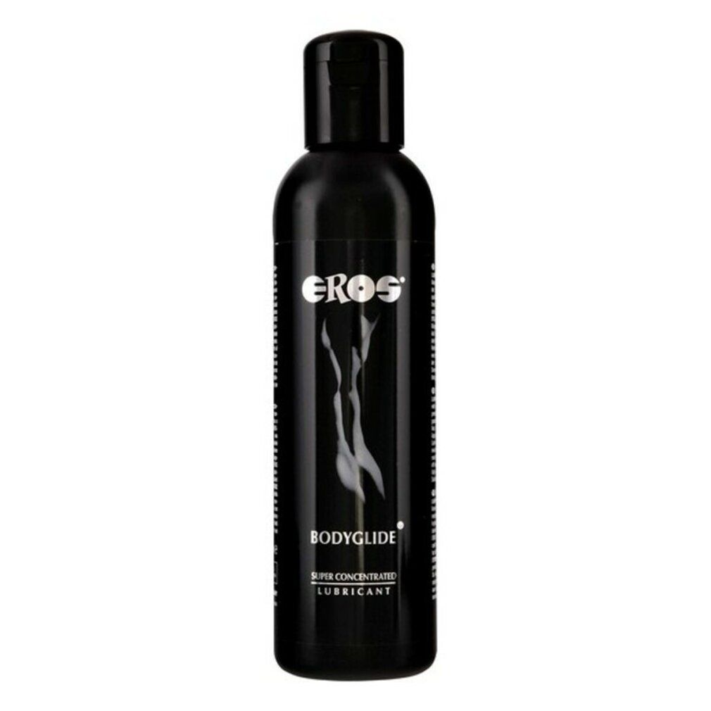 Schwarze Flasche mit schwarzem Deckel. Aufschrift "EROS BODYGLIDE". Enthält "SUPER CONCENTRATED LUBRICANT".