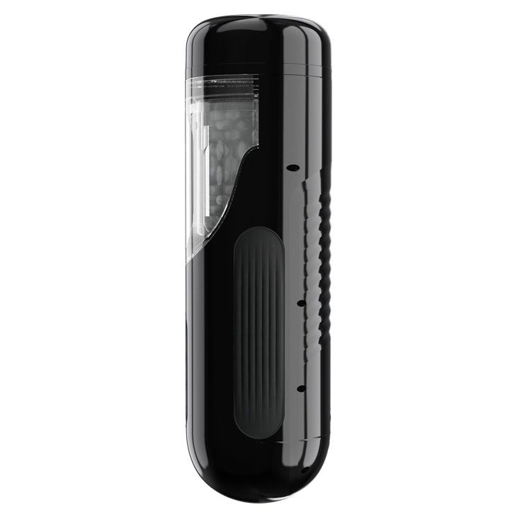 Schwarzes, zylindrisches Gerät mit transparentem Einsatz. Seitlich Bedienknöpfe und eine längliche Vertiefung.