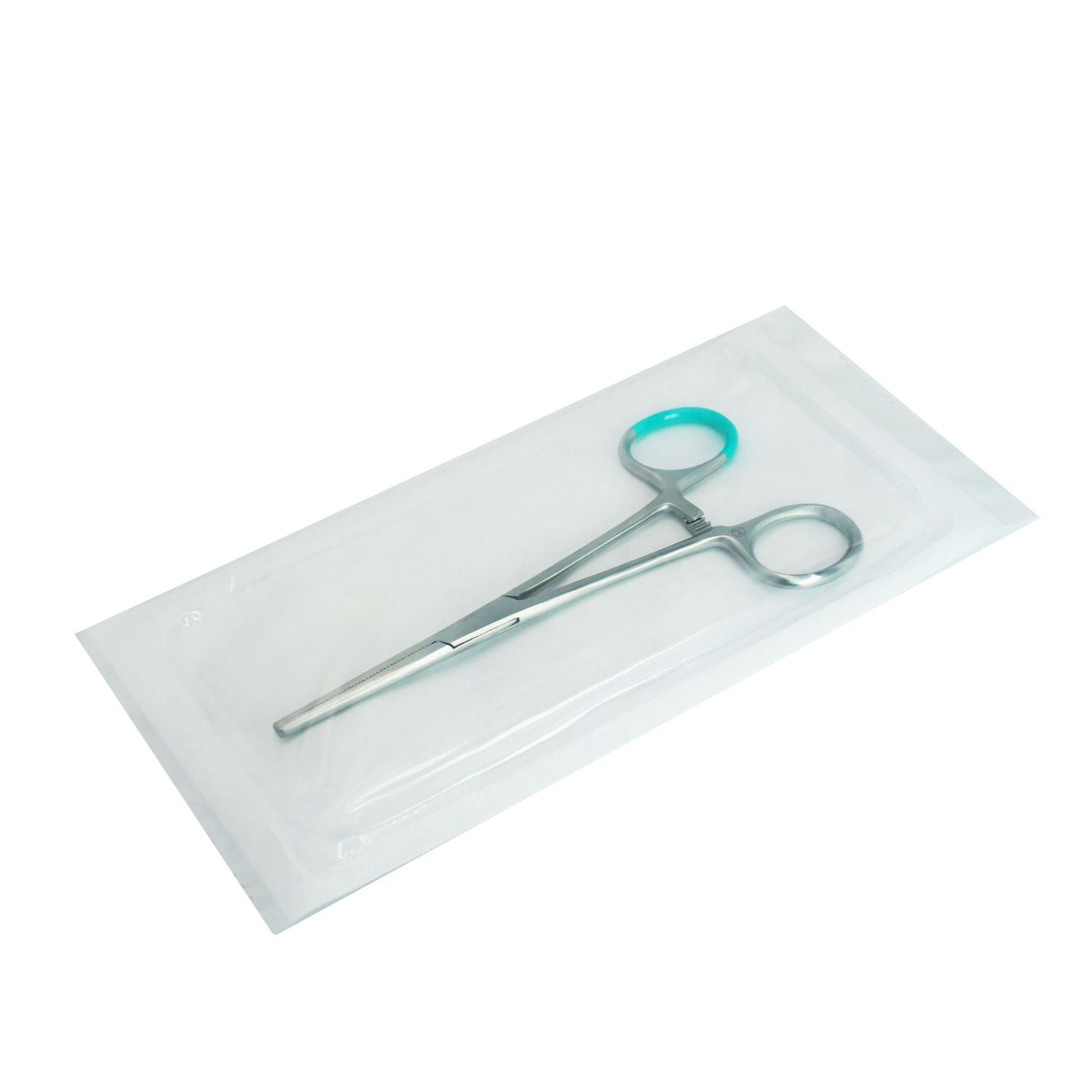 Chirurgische Klemme in steriler Verpackung. Klemme gerade, 14 cm, mit farbiger Markierung an den Griffringen.