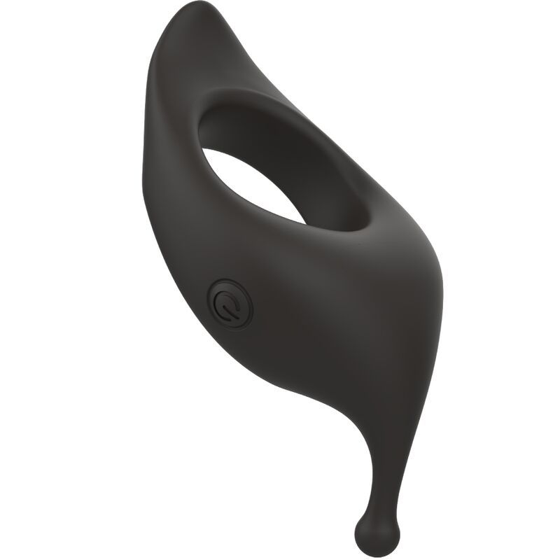 Schwarzer, ringförmiger Vibrator mit einem Knopf mit Power-Symbol. Oben befindet sich eine runde Spitze. Unterhalb des Rings eine runde Spitze.