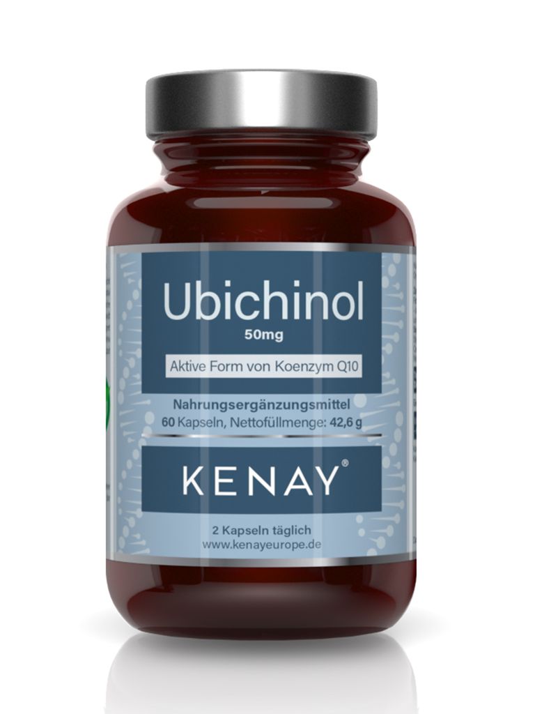 Braune Flasche mit Ubichinol 50mg. Aktive Form von Koenzym Q10. KENAY-Marke. 60 Kapseln. Nahrungsergänzungsmittel.