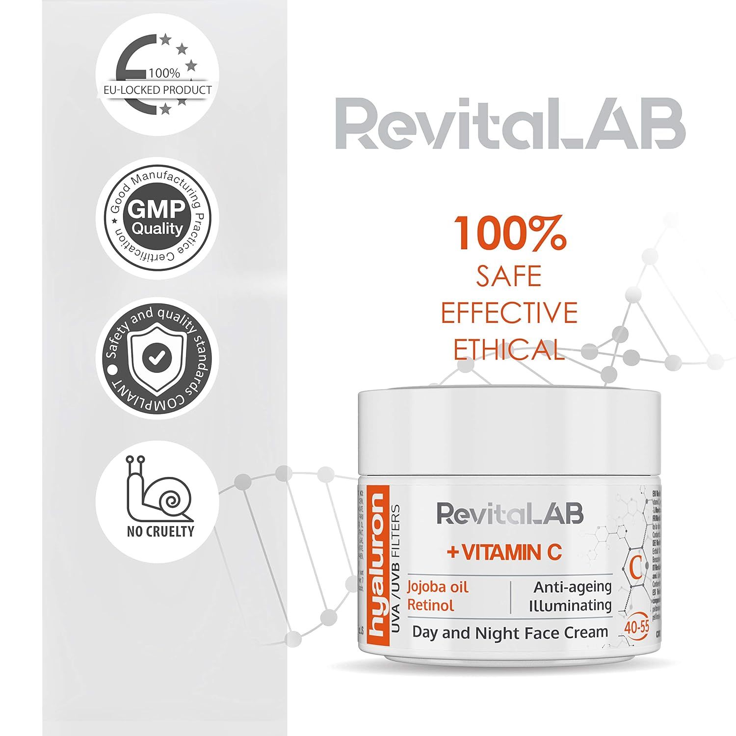 Weißer Tiegel RevitaLAB + Vitamin C. Mit Aufschriften: Jojobaöl, Retinol, Anti-Aging. Tages- und Nachtcreme. Qualitätszeichen.