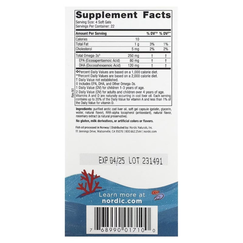 Rückseite einer NORDIC NATURALS Kinder DHA Verpackung mit Haltbarkeitsdatum und Barcode.