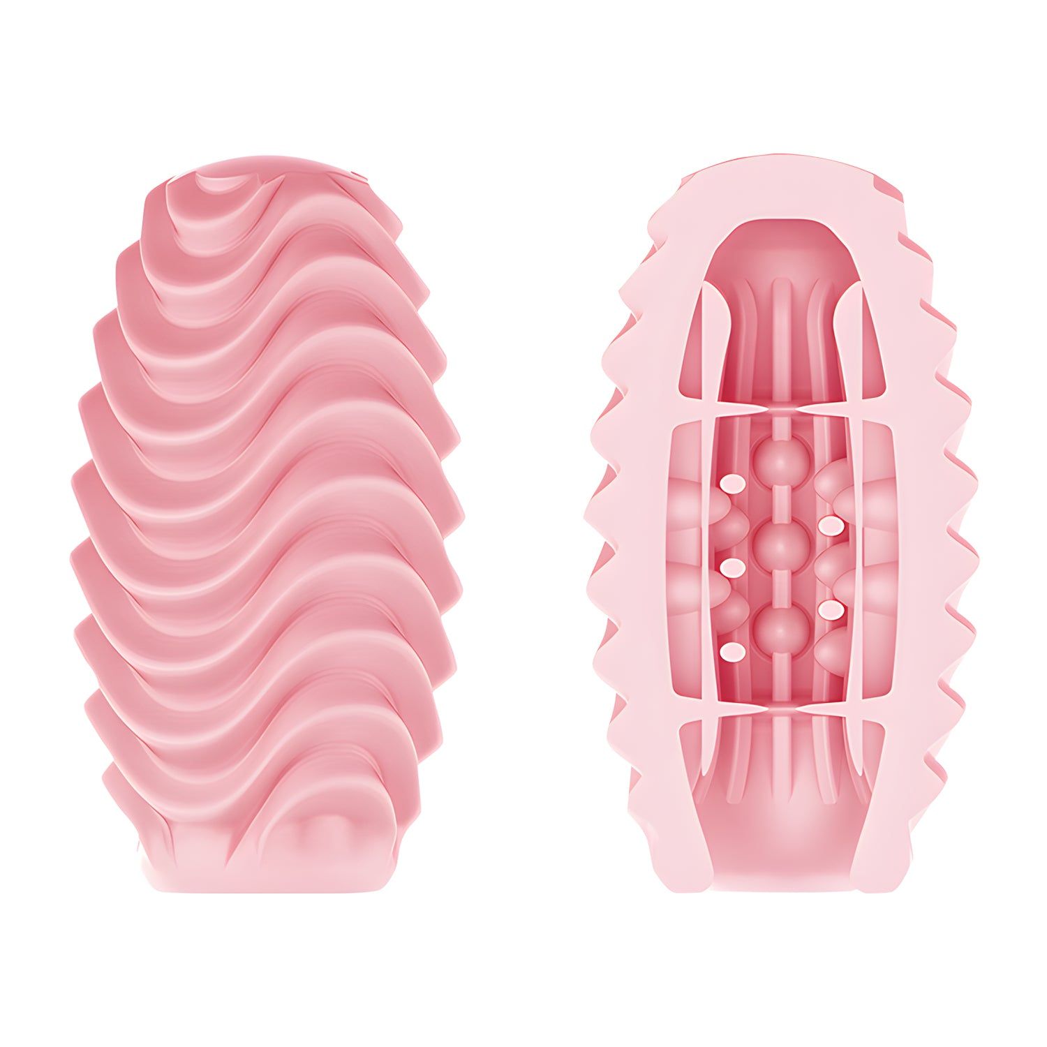 Zwei rosa Masturbator-Eier. Eins mit gewellter Oberfläche, das andere mit Noppen und Rillen.