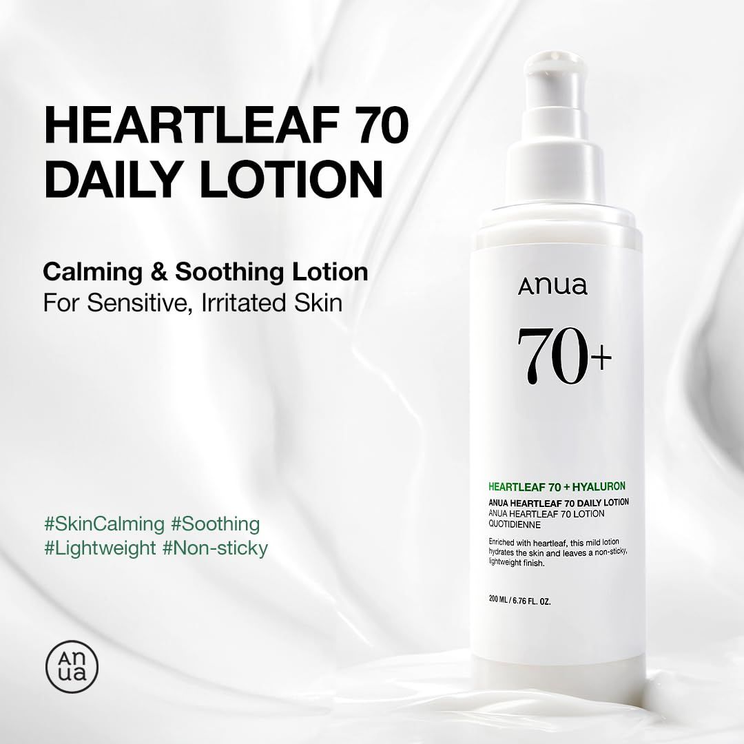 Weiße Lotion-Flasche mit Aufschrift "HEARTLEAF 70 DAILY LOTION". Text: "Calming & Soothing Lotion". Marke: Anua.